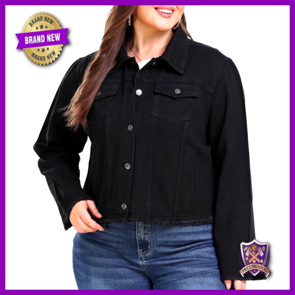 Plus Size Denim Jacket Lightweight Frayed Hem Casual Structured Fit Classic